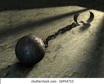 Steel Ball And Chain In A Prison Cell. Digital Illustration.