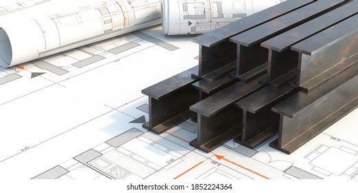 Stahlträger-Produktion. Metallträger stapeln sich auf Projektkonstruktionen, Hintergrund, Kopienraum. 3D-Illustration