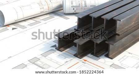 Steel beams production. Metal girders stack on project construction blueprints background, copy space. 3d illustration Foto stock © 