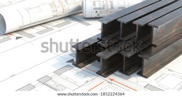 Steel\
beams production. Metal girders stack on project construction\
blueprints background, copy space. 3d\
illustration
