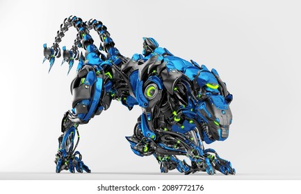 	
Steel blue robotic panther with strong double tail on light background, 3d rendering