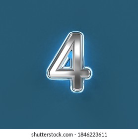 Steel brassy alphabet with white outline and blue backlight - number 4 isolated on blue background, 3D illustration of symbols
