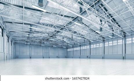 Steel Construction Factory Building Indoor Angle View As Industrial 3D Background. Own Design 3D Illustration.