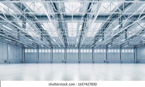 Steel Construction Factory Building Indoor General View As Industrial 3D Background. Own Design 3D Illustration.