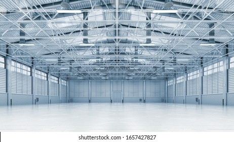 Steel Construction Factory Building Interior General View As Industrial  Background. Own Design 3D Illustration.