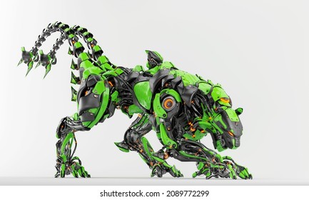 	
Steel green robotic panther with strong double tail on light background, 3d rendering