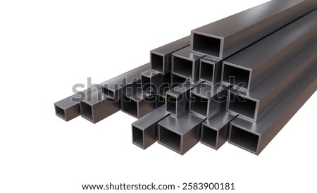 Steel hollow section beams, rectangular shape tube isolated on white, 3d render