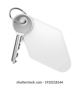 Steel Keyring With Blank Label For Text Or Number And Metal Door Motel Room Key Isolated On White Background. 3D Illustration