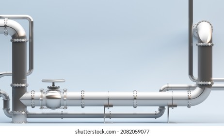 Steel pipes with a valve for gas and oil. Steel tubes concept, 3D rendering.