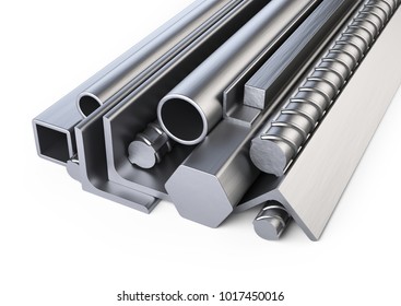 Steel Profiles And Pipes Heap. Warehouse For Construction Materials. Isolated Over White Background 3d Illustration.