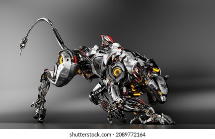 	
Steel robotic panther with long tail on dark background, 3d rendering
