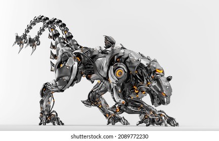 	
Steel robotic panther with strong double tail on light background, 3d rendering