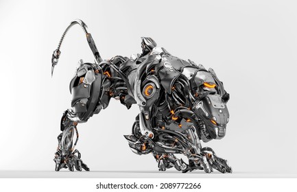 	
Steel robotic panther with strong tail on light background, 3d rendering