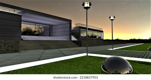 Steel Street Lights And Metal Balls On The Grass Near Elite Suburban Estate One Hour Before Sunrise. 3d Rendering.