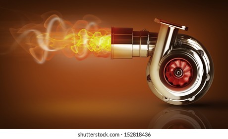 Steel turbocharger with fire. High resolution 3d render 