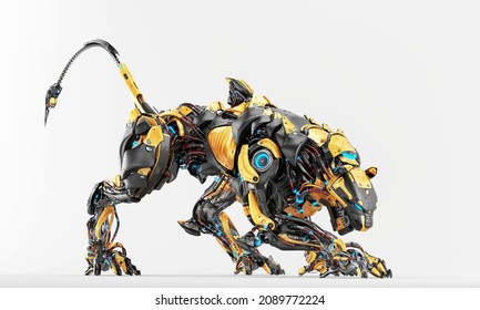 	
Steel yellow robotic panther with long tail on light background, 3d rendering