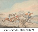 Steeplechasing: The Field taking a Stone Wall and Gate. Vintage painting with horse, artwork.