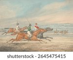 Steeplechasing: Three Riders Galloping to Right, Mounted Spectators in Background. Vintage horse illustration. Horse in vintage artwork.