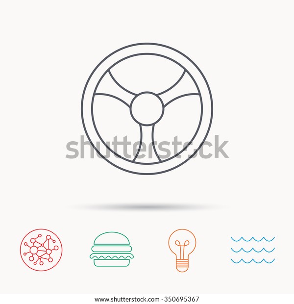 Steering\
wheel icon. Car drive control sign. Global connect network, ocean\
wave and burger icons. Lightbulb lamp\
symbol.