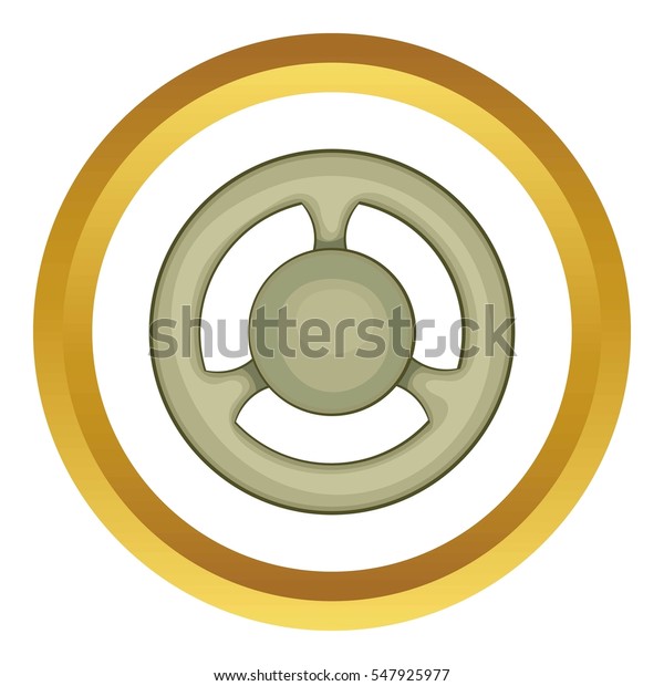 Steering wheel  icon in golden circle, cartoon\
style isolated on white\
background