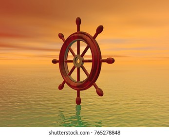 Steering wheel under clouds 3D rendering
