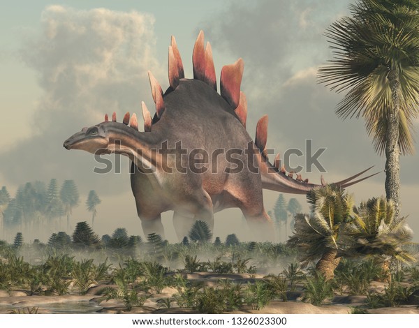 Stegosaurus, was a thyreophoran dinosaur. An herbivore,\
it is one of the best known dinosaurs of the Jurassic period. Here,\
a grey and brown one is standing in a Jurassic era wetland. 3D\
Rendering. 