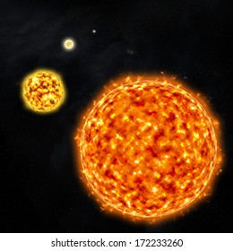 Stellar Evolution Of The Sun From Yellow Dwarf Expand Into Huge Red Giant With Star Field Background