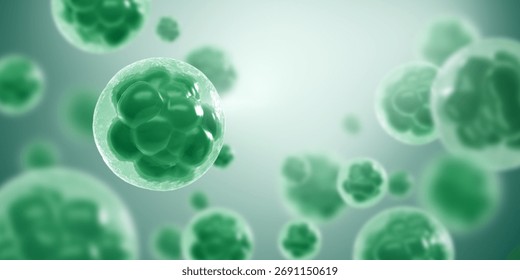 Stem cell, Biotechnology under microscope with depth, Health care medical background, 3d rendering