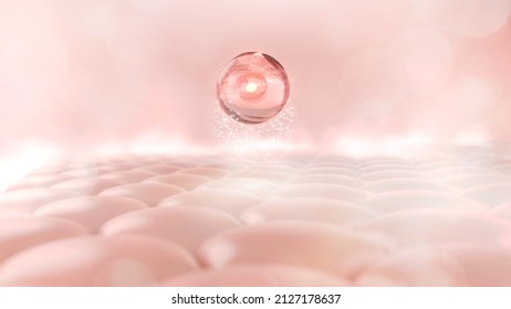 Stem cells floating on skin cell with aura pink background. Skin treatment, Anti-Angie concept. 3D rendering