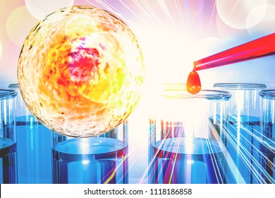 Stem Cells Research Concept. Cell Culture For The Biomedical Diagnostic Immunotherapy, Regeneration , Disease Treatment, Embryonic Stem Cells , Cellular Therapy , 3d Rendering