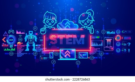 STEM education of kids through internet on laptop. Children study Engineering professions, software development, robotics technology, 3d printing, game dev. Computer tech remote school for young geek. - Powered by Shutterstock