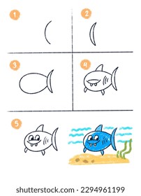 Step by step drawing funny shark  Coloring by sample  Easy level for preschoolers  Workbook for kids  Color illustration  Texture line  