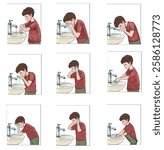Step by Step Islamic Ablution Guide for Muslim people - Illustrated Instruction. Muslim boy performing ablution, in the correct order. 