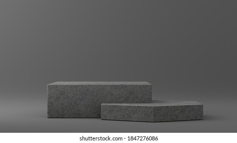 Step Concrete Podiums On Dark Background. Abstract Minimal Scene With Geometrical. Scene To Show Cosmetic Products Presentation. Design Empty Space. Showcase, Shopfront, Display Case,3d Render