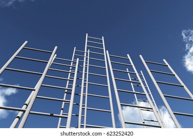 Step Ladders Reaching Into A Blue Sky. Growth, Future, Development Concept. 3D Rendering