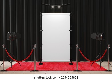 Step And Repeat Backdrop Banner With Red Carpet Mockup. 3D Rendering