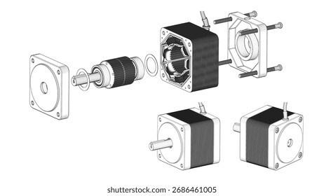Stepper Motor - Exploded View. 3D rendering isolated on white background. 3D Mesh, Darwing, Sketch, Vector style. Ideal for educational, engineering, and industrial design.