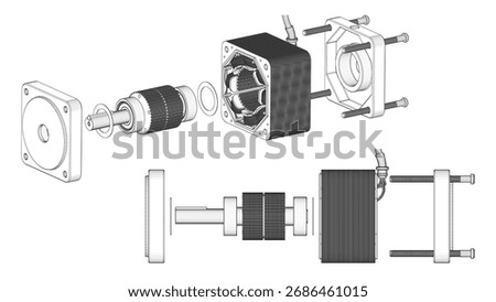 Stepper Motor - Exploded View. 3D rendering isolated on white background. 3D Mesh, Darwing, Sketch, Vector style. Ideal for educational, engineering, and industrial design.