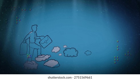 Stepping outlined exec crossing clouds in blue gradient with briefcase, bag suit tie, copy space. Silhouette, portfolio, ascent, skyward, indigo, rays, minimalist