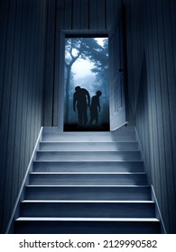 Steps Leading From A Dark Basement To Open The Door. Two Zombies In Mysterious Landscape With Trees And Bushes In Foggy Forest In The Doorway. 3d Render