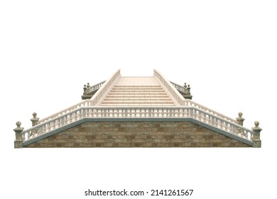 Steps leading to a stone bridge with balustrade on the side. 3D illustration isolated on white background.