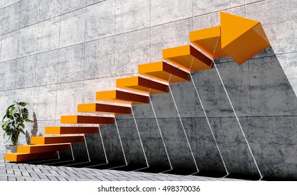 Steps To Move Forward To Next Level, Success Concept, Orange Staircase With Arrow Sign And Concrete Wall In Exterior Scene, 3D Rendering