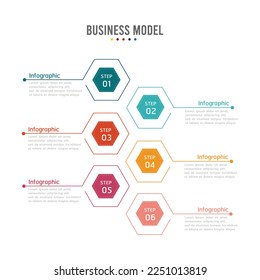 Steps progress bussines model with 6 multicolored cards. Infographic template hexagon design options. Task management concept. Vector illustration for application, blog, or marketing diagram