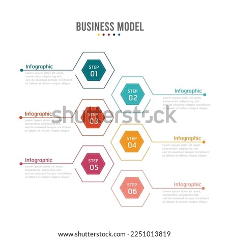 Steps progress bussines model with 6 multicolored cards. Infographic template hexagon design options. Task management concept. Vector illustration for application, blog, or marketing diagram
