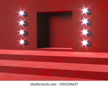 Steps to red stage - 3d render illustration. Podium and glow spotlights. Niche pedestal for promotion. Concert scene with festival light. Mockup advertising red background. Stairs to glory and success