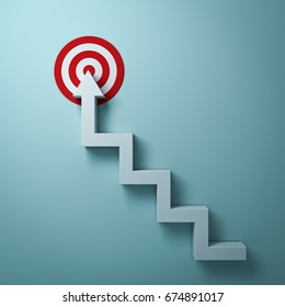 Steps or stairs arrow aiming to goal target or red dart board the business concept over light green wall background with shadow. 3D rendering. - Shutterstock ID 674891017