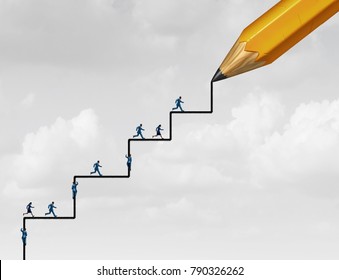 Steps Of Success Planning As People Running And Climbing With A Pencil Drawing An Opprtunity To Succeed With 3D Illustration Elements. 