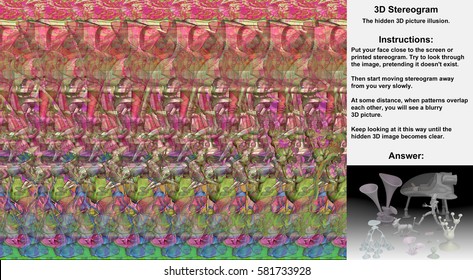 Stereogram illusion with alien landscape, space ship and robots in hidden 3D picture