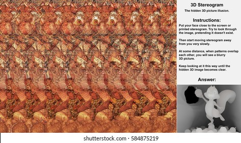 Stereogram illusion with cartoon squirrel standing on pile of acorns inside a tree in hidden 3D picture