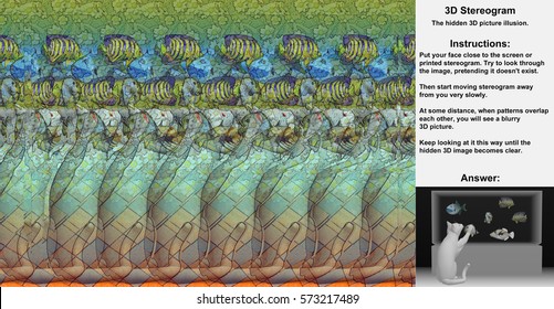 Stereogram illusion with cat and fish tank in hidden 3D picture